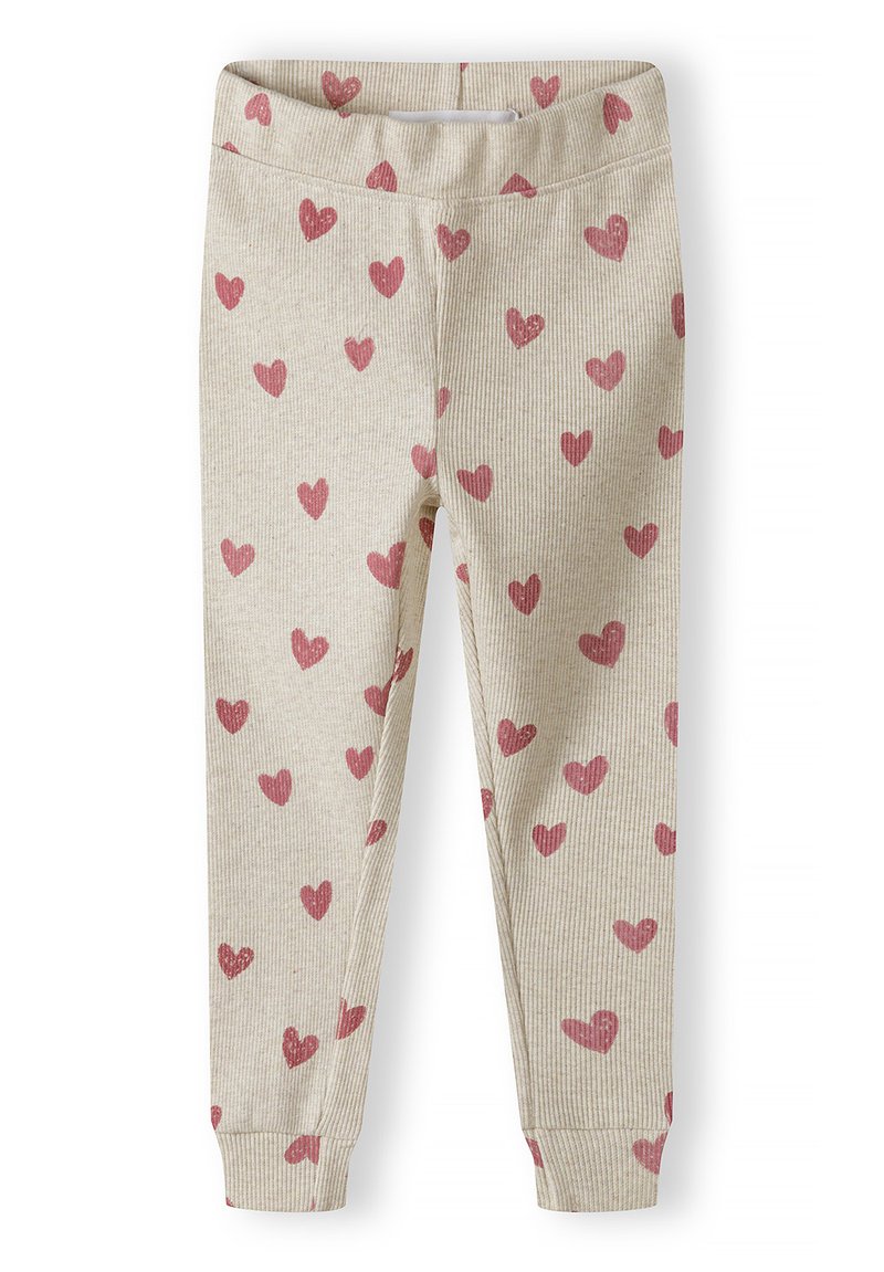 Ribotos šviesiai rudos legging'ai su rožinėmis širdelėmis. Juosmuo yra elastingas, o rankogaliai prigludę, kad gerai priglustų.