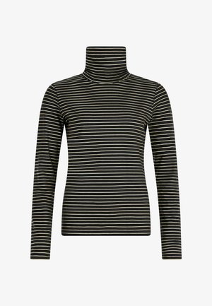 Juodas ir auksinis dryžuotas ilgo rankovė turtlenecko viršus, pagamintas iš minkštos medžiagos su prigludusia siluetu ir aukšta apykakle.