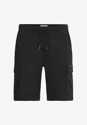 Fekete cargo rövidnadrág, szőtt anyagból, rugalmas derékkal és húzózsinórral, két oldalsó zsebbel és egy foltzsebbel a bal lábon.