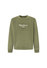 Sudadera de manga larga en color verde oliva con cuello redondo, con el logo y el texto "Pepe Jeans London" impresos en blanco en el pecho.