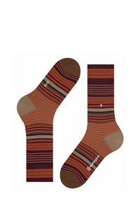 Calze a righe che presentano bande alternate di arancione, marrone, blu navy e beige. Realizzate in un materiale morbido con zone rinforzate sulla punta e sul tallone.