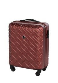 Hard-shell suitcase in dark red with a diamond pattern texture, featuring a top handle and four wheels for mobility.