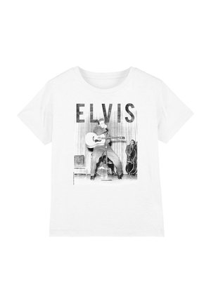 White T-shirt with black-and-white print of a musician playing guitar and singing, with large "ELVIS" text above.