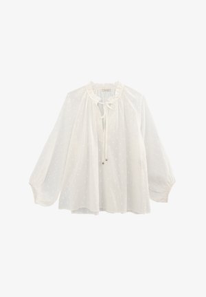 Witte blouse van lichtgewicht stof, met een stippenpatroon, gerimpelde kraag, trekkoord aan de voorkant en lange, luchtige mouwen.