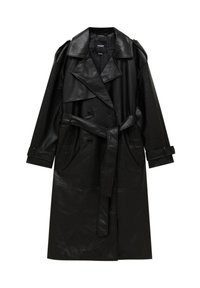 Czarny skórzany płaszcz trench z podwójnym zapięciem na guziki, dużymi klapami, pasem w talii oraz bocznymi kieszeniami. Gładka tekstura i długość średnia.