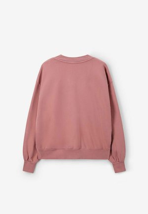 Roze sweatshirt met een relaxte pasvorm, geribbelde manchetten en zoom. Heeft een ronde halslijn. Zacht materiaal met een gladde textuur. Achteraanzicht weergegeven.