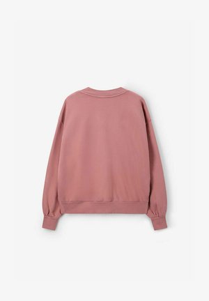 Roze sweatshirt met een relaxte pasvorm, geribbelde manchetten en zoom. Heeft een ronde halslijn. Zacht materiaal met een gladde textuur. Achteraanzicht weergegeven.