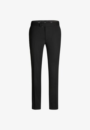Pantaloni neri con una texture liscia, design sartoriale e vestibilità slim. Presentano una vita con dettagli a motivo discreto.