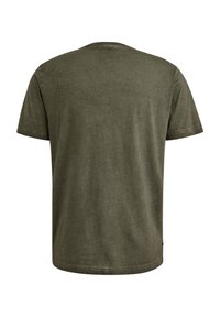 T-shirt à manches courtes en vert olive avec un col rond, fabriqué en coton doux. La texture semble lisse avec un design à coupe décontractée.