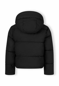 Svart puffjacka med huva, med ett quiltat mönster och elastiska ärmslut. Bakifrån visar den en slät, matt yta.