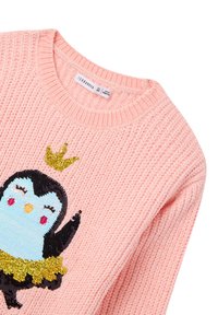 Maglione rosa lavorato a maglia con un design di pinguino in paillettes, dotato di una corona dorata e di una gonna a tutù gialla. Collo rotondo e tessuto testurizzato.