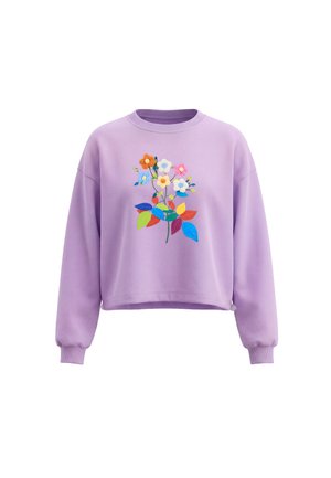 Lilla langærmet sweatshirt med ribbet manchetter og et farverigt, broderet blomstermønster på frontens midte.