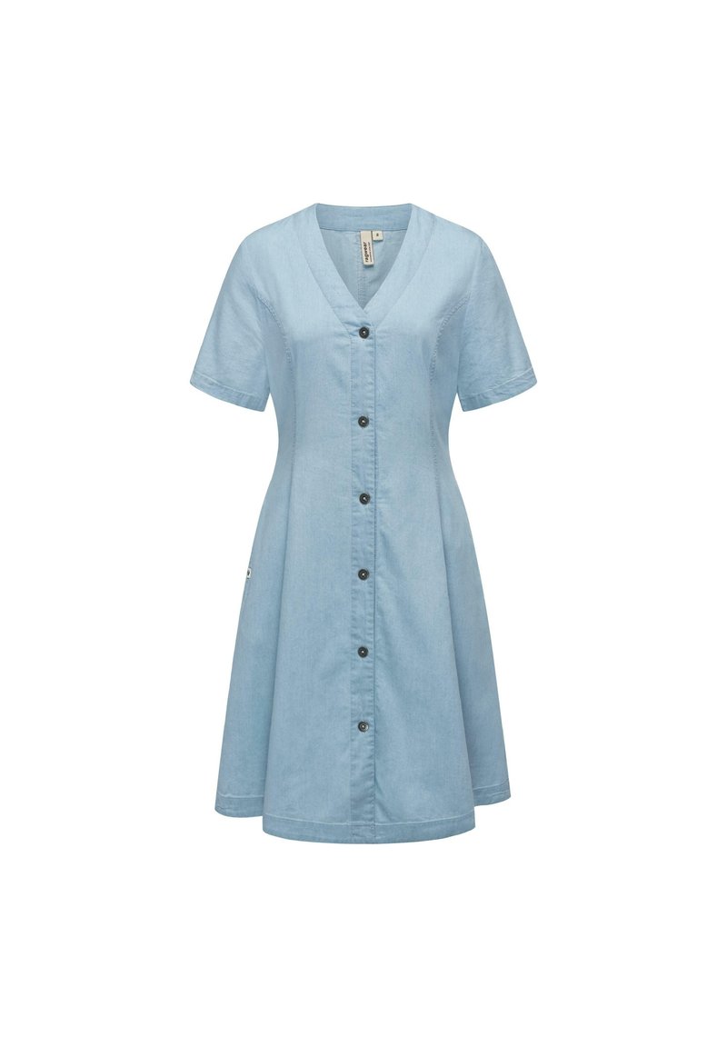 Vestido de manga corta azul claro con escote en V, cierre frontal con botones y falda acampanada, fabricado en un tejido similar al denim. Presenta botones negros.