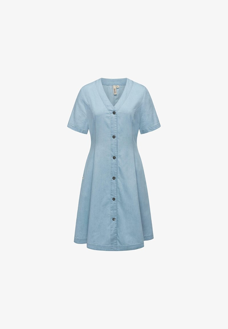 Vestido de manga corta azul claro con escote en V, cierre frontal con botones y falda acampanada, fabricado en un tejido similar al denim. Presenta botones negros.