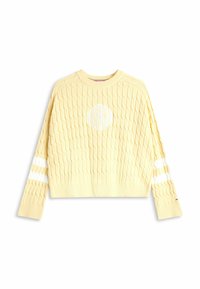 Suéter amarillo de punto con patrón texturizado, diseño corto, logo blanco en el centro y acentos en rayas blancas en las mangas.