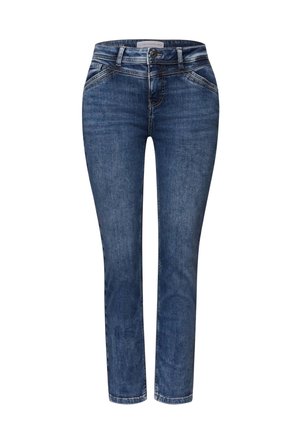 Jeansy dżinsowe w ciemnym, niebieskim odcieniu, z prostymi nogawkami, stylem z pięcioma kieszeniami oraz kontrastującym przeszyciem. Klasyczne zapięcie na guzik i zamek błyskawiczny.