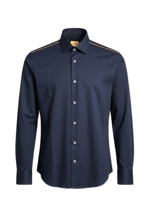 Camicia da uomo con maniche lunghe blu navy, chiusura con bottoni, colletto a punta e sottili strisce arancioni sulle spalle.