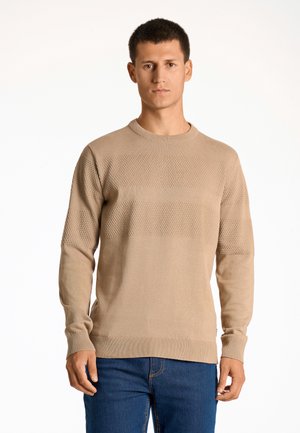 Beige gestrickter Pullover mit strukturierten horizontalen Streifen, gerippten Bündchen und Halsausschnitt. Kombiniert mit blauen Denim-Jeans.