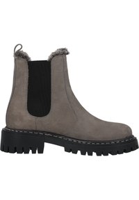 Szare zamszowe botki Chelsea z elastycznymi bokami, sztucznym futerkiem, masywną czarną gumową podeszwą z głębokimi rowkami oraz kontrastowymi szwami.