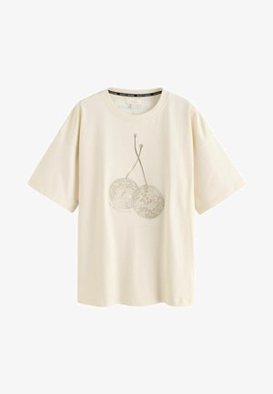 Kremowa bawełniana koszulka z krótkim rękawem, z wyhaftowanym, teksturowanym wzorem dwóch wiśni z ogonkami, umiejscowionym na środku przodu.