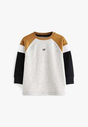 Langærmet casual skjorte med tanfarvede skuldre, hvide og sorte farveblokerede ærmer, lysegrå krop og lille sort "nvt" logo på brystet.