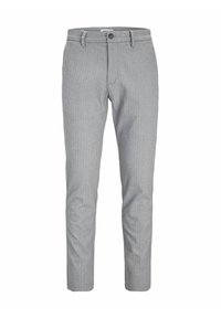 Pantaloni da uomo slim-fit grigio chiaro con chiusura a bottoni e zip, passanti per cintura e una sottile texture verticale sul tessuto.