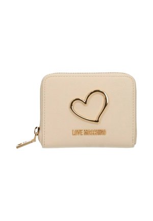 Portafoglio beige con zip, contorno del cuore dorato e logo "Love Moschino" sulla parte anteriore.