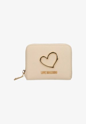 Portafoglio beige con zip, contorno del cuore dorato e logo "Love Moschino" sulla parte anteriore.
