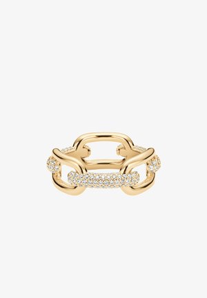 Gold-toned ring featuring interconnected chain links with a textured surface. Center adorned with multiple small gemstones for added sparkle.