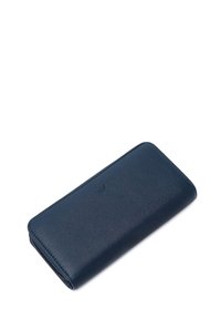 Navy blue leather wallet with a smooth texture, slim rectangular shape, and a small embossed logo on the front. Zipper closure along one edge.