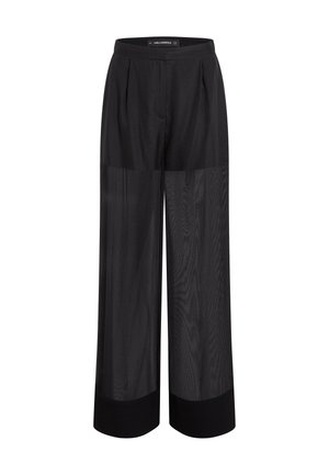 Pantaloni neri a gamba larga con pannelli di tessuto trasparente sulle gambe e orli a fascia solida, vita alta e pieghe frontali.