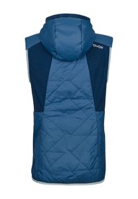 Blaues, gestepptes ärmelloses Westchen mit Kapuze, das marinefarbene Akzente und eine glatte Textur aufweist. Auffälliges Diamantmuster auf dem Rückenteil.