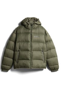 Giacca puffer verde oliva con cappuccio, dotata di zip frontale, due tasche laterali, polsini elastiche e un accento con logo sul petto.