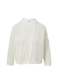 Witte gebreide cardigan met open voorkant, driekwart mouwen, textuurpatroon en ribgebreide manchetten en zoom. Lichtgewicht, losvallend ontwerp.