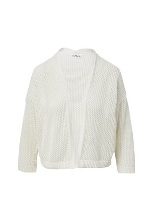 Balta megzta kardiganas su atviru priekiu, trijų ketvirčių rankovėmis, tekstūruotu raštu, ir girgždėtomis rankovėmis bei apatine dalimi. Lengvas, laisvo kirpimo dizainas.