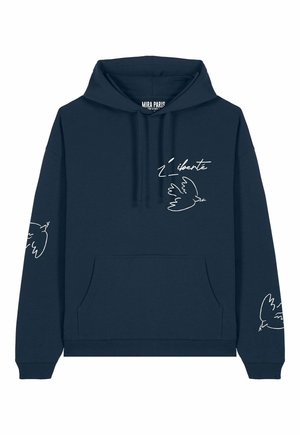 Navy blue hoodie featuring a front pocket, drawstring hood, and white bird and text graphic on the front and sleeves. Cotton blend material.