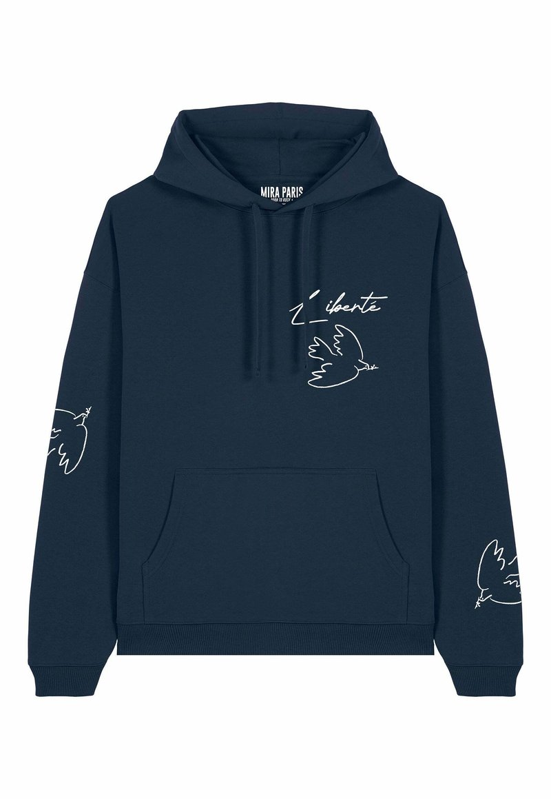 Felpa blu navy con tasca frontale, cappuccio con coulisse e grafica di un uccello bianco e testo sulla parte anteriore e sulle maniche. Materiale in cotone misto.