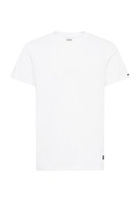 Camiseta de algodón blanca con cuello redondo, mangas cortas y corte recto. Presenta un pequeño logo negro en la manga izquierda.