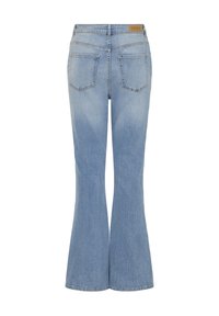 Jeans a zampa d'elefante blu chiaro con vita media, design a cinque tasche e etichetta in pelle sul retro. Tessuto denim testurizzato.