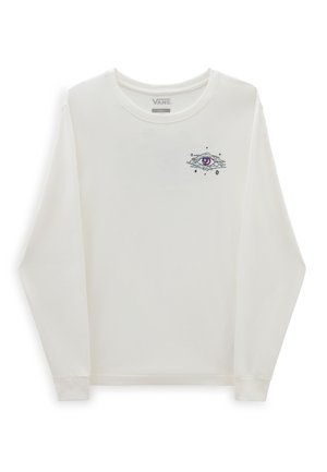 Hvid Vans langærmet skjorte med et lille design af et lilla øje og en sky på øverste venstre bryst, størrelse small, rund hals.
