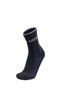 Chaussette noire jusqu'à la cheville avec un haut côtelé, trim gris contrastant et texte blanc. Fabriquée en matériau tissé, présentant une texture lisse et une forme ajustée.