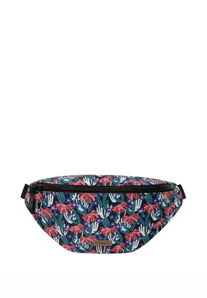 Gürteltasche mit schwarzem Reißverschluss und mehrfarbigem Blumenmuster auf marineblauem Hintergrund, mit roten, weißen und violetten Blumen und grünen Blättern.