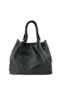 Zwarte geweven leren handtas met twee stevige handvatten, met een gestructureerd oppervlak en ronde vorm, ontworpen voor casual gebruik.