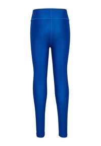 Blauwe legging gemaakt van rekbare, gladde stof met een hoge taille. Het ontwerp heeft een effen kleur en geen zichtbare patronen of hardware.