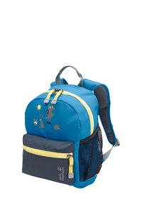 Blue children's backpack with yellow accents, featuring animal graphics on the front, a mesh side pocket, and a dual-zipper opening.
