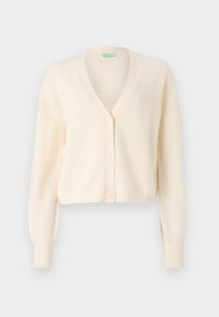 Cremefarvet cropped cardigan med V-hals, fem knapper foran og ribbede manchetter. Fremstillet af blødt strikket stof.
