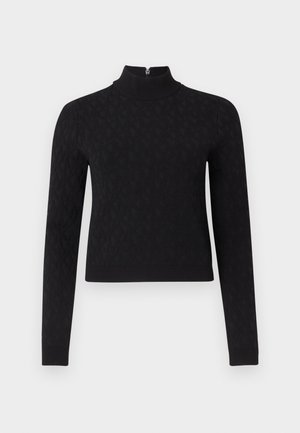 Top preto de manga comprida com gola alta e fecho de correr na gola. Apresenta um padrão texturizado e uma silhueta ajustada.