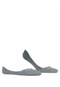 Szare skarpetki wsuwane o gładkiej fakturze, niskim kroju i subtelnym białym napisie z przodu. Elastyczny i lekki materiał.