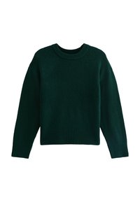 Maglione verde scuro realizzato in materiale morbido e strutturato, con collo rotondo, maniche lunghe e polsini e orlo a coste.