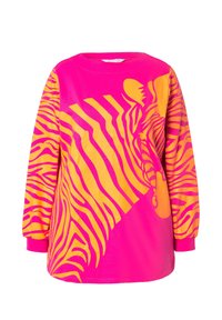 Felpa a maniche lunghe di un vivace colore rosa con audaci strisce arancioni a zig zag e una grafica stilizzata di un elefante, con scollatura tonda e polsini a costine.